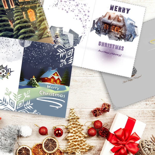 Printable Merry Christmas Card set, 4x Printable Holiday Card, 4x Happy Holidays Card, Instant Download