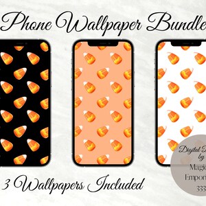 Puede incluir: Tres smartphones que muestran fondos de pantalla con temática de caramelos de maíz. Los fondos son negro, melocotón y blanco, cada uno cubierto con un patrón de caramelos de maíz naranja, amarillo y blanco. El texto dice "Phone Wallpaper Bundle" y "3 Wallpapers Included".