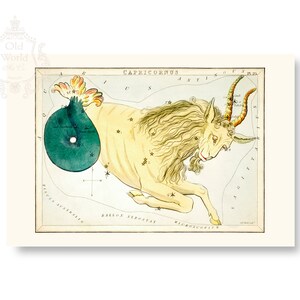 May include: A vintage illustration of the constellation Capricornus, depicted as a sea-goat with a golden body and horns, against a blue background with stars. The illustration is surrounded by a white border with the text "CAPRICORNUS" at the top.