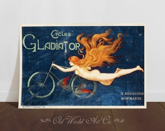 May include: Vintage poster advertising Gladiator Cycles. A woman with flowing red hair rides a bicycle through a starry night sky. The text "Cycles Gladiator" is in a large, bold font. The poster also includes the address "18, Boulevard Montmartre".