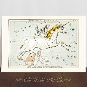 May include: A vintage illustration of the Monoceros constellation, depicting a white unicorn with a golden horn and a small black and white dog. The constellation is surrounded by stars and labeled with the text "Monoceros. Canis Minor, P1.31. And Atelier Typographique."