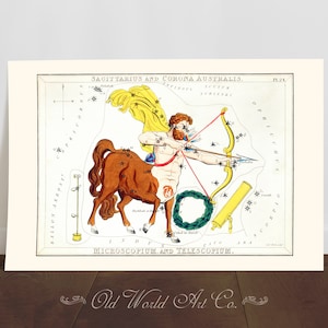 May include: A vintage illustration of the constellation Sagittarius, depicted as a centaur holding a bow and arrow. The constellation is surrounded by stars and labeled with the names of nearby constellations, including Corona Australis, Microscopium, and Telescopium. The illustration is printed on a cream-colored paper with a black border.