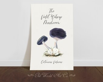 Vintage Mushroom Poster Print Decor, Violet Webcap Mushroom Illustration Wall Art, Mushroom Kitchen Decor, Antique Fungi Print, Food Art