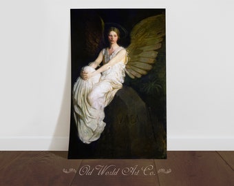 May include: A painting of an angel with large, feathery wings. The angel is sitting on a rock with a white robe and a halo. The background is dark and mysterious.