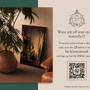 May include: A brown and tan terracotta pot with a green leafy plant. A framed painting of a woman in a room with a window is on the wall behind the plant. The text on the image reads: "Want 15% off your order... instantly?!? To receive your exclusive discount code, scan the QR below or head to bit.ly/etsyisemail and sign up for the OWAC newsletter! *Coupon good for single use only."