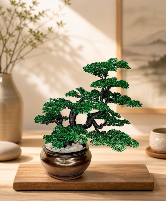 Handmade Wire Bonsai Tree Sculpture: Emerald Green Han-kengai 