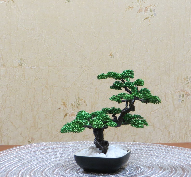 Wire GREEN Pine BONSAI TREE Sculpture Moyogi Style, Office Decoration