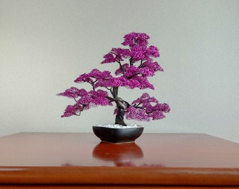 BONSAI TREE Sculpture - Purple Red Magnolia, Office Decoration, Art Decor, Unique Gift for Decor, Handmade Wire Tree - Metal Bonsai