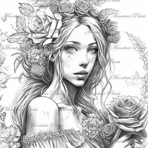 Grayscale floral princess coloring page, vintage style illustration, printable PDF coloring book page (AI generated image)
