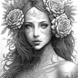 Grayscale floral princess coloring page, vintage style illustration, printable PDF coloring page for kids and adults (AI generated image)