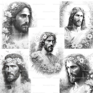 Jesus Christ Grayscale Coloring Pages, Vintage Style Illustration ...