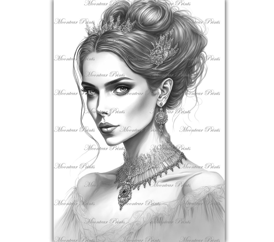 Grayscale Princess / Queen Coloring Page, Vintage Style Illustration