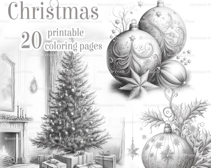 Grayscale Christmas Coloring Pages, Vintage Style, Printable PDF ...