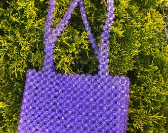 Handmde Purple Small Beaded Tote HandBag for Women,  Acrylic Shoulder bag, Evening Handmade Bag for Wedding Party Beach