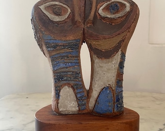 60's Ceramic Sculpture on Wood Base By Chicago Artist Rosemary Zwick