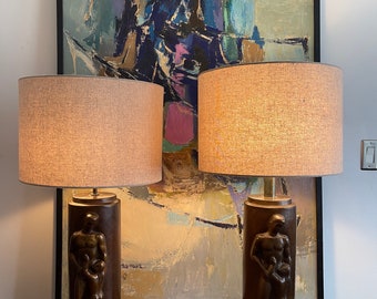 Pair of Heavy Bronze Sculptural Figural Table Lamps By Concetta Scaravaglione (1900-1975) c.1945
