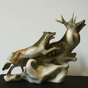 Royal Dux Figurine – Stag and Wolf, Model 462/4, Hand Painted, Bohemia Porcelain