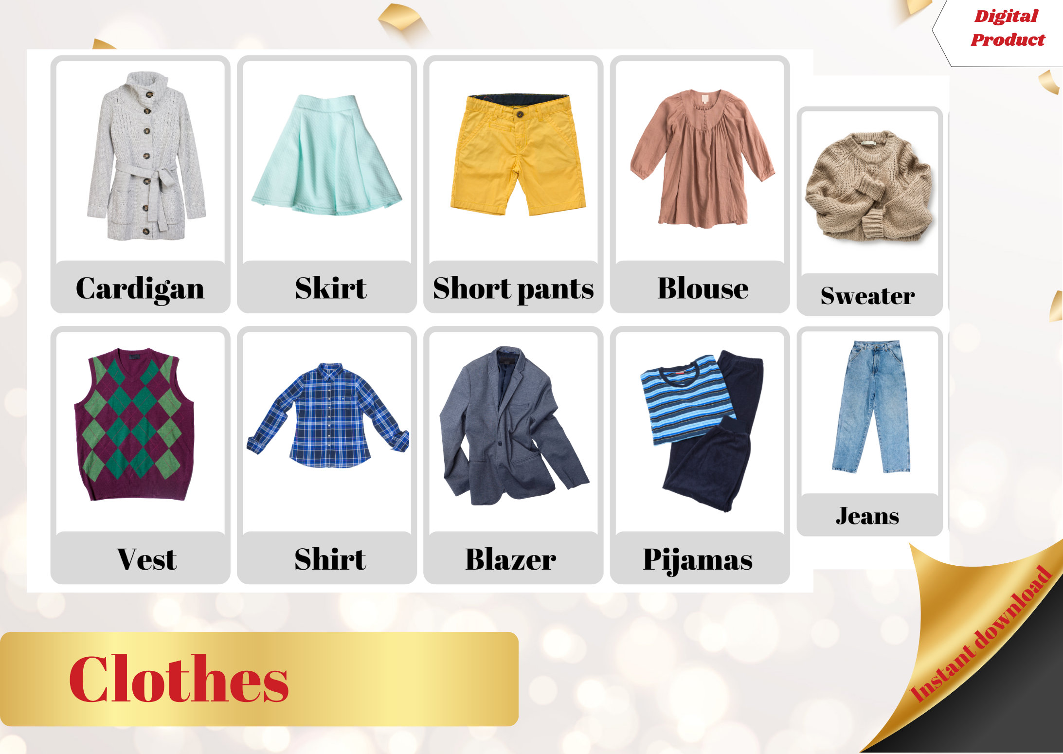 CLOTHES FLASHCARDS 40 Printable Flashcards Clothes Nomenclature