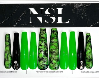 Luxury hand painted press on nails | 3xl tapered square | army camouflage neon green black | nails | false nails | summer nails | long nails