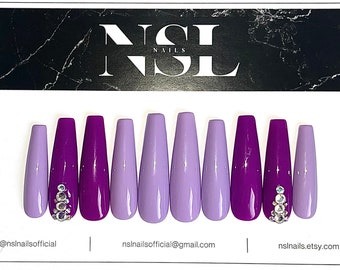 Luxury hand painted press on nails | coffin | purple lilac rhinestones | nails | false nails | summer nails | custom made | long nails