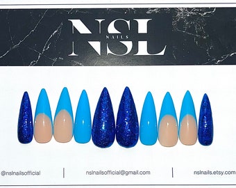 Luxury hand painted press on nails | blue glitter stiletto | baby blue | nails | false nails | custom made | long | short | summer nails