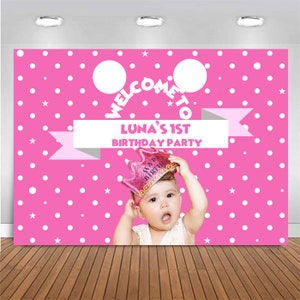 Customized Birthday Backdrop - Mouse Pink Theme, Personalized Banner, Themed Party Prop for Photography and Photo Booth