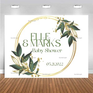 Customized Baby Shower Backdrop - Green and Gold, Personalized Banner, Themed Party Prop for Photography and Photo Booth