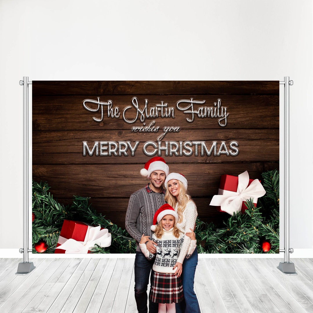 Customized Christmas Backdrop Personalized Christmas Banner, Dark Wood