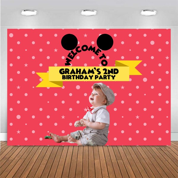 Customized Birthday Backdrop - Mouse Red Theme, Personalized Banner, Themed Party Prop for Photography and Photo Booth