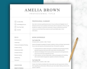 Professional Resume Template for Google Docs, Word, Pages Compatible, Editable Modern Executive Resume Minimalist with Tips, CV, References