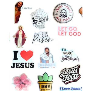 May include: A collection of religious stickers featuring images of Jesus, along with inspirational phrases. The stickers include text such as "I love Jesus", "He is Risen", and "Jesus First". The stickers are in various shapes and sizes.