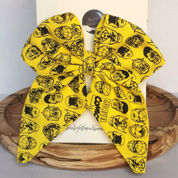 YELLOW MARVEL COMICS Hair Bow - Superhero Gift / Gifts for Girls | Handmade Adult and Child Hair Accessories.