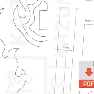Op de afbeelding: Een zwart-witte lijntekening van een katana met de tekst "Tsuba" en "Flame Pattern" erbij. De afbeelding is een downloadbare PDF om te printen.
