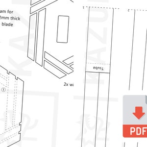 Puede incluir: Un dibujo en blanco y negro de una espada con mango y hoja. El dibujo incluye instrucciones para hacer una espada de papel. El texto de la imagen dice "ty EVA foam for placed a 2mm thick on the two blade ne to put e tsuba, 1 2x wi eqns PDF".