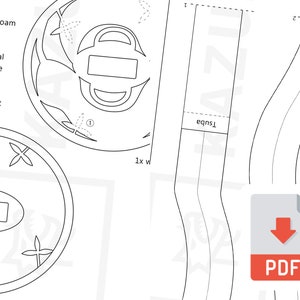 May include: A black and white line drawing of a katana sword tsuba, a decorative guard, with instructions for making it. The instructions include using high-density EVA foam and thick metal. The drawing includes a line to put the tsuba.