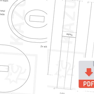 Puede incluir: Un dibujo en blanco y negro de una katana con el texto "Tsuba" y "2x wit" en la página. La imagen es una descarga PDF.