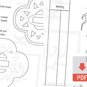 May include: A black and white line drawing of a tsuba, a sword guard, with a decorative design. The drawing includes a guideline to put the tsuba onto a sword. The text "Tsuba" is written on the right side of the image.