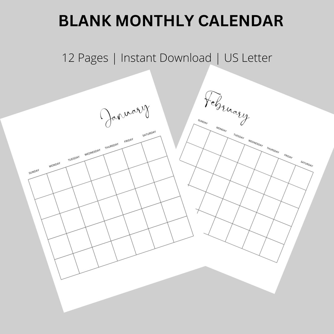 Monthly Blank Calendar, Minimal Simple Calendar, Instant Download ...