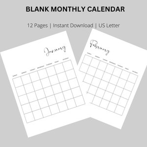 Monthly Blank Calendar, Minimal Simple Calendar, Instant Download, Printable Horizontal Calendar Pages, PDF File, Digital Download