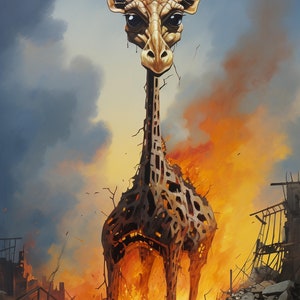 May include: An artistic depiction of a giraffe engulfed in flames, standing amidst a post-apocalyptic landscape. The giraffe's head is detailed with a textured, golden-brown appearance, contrasting with the fiery orange and red hues of the burning body.