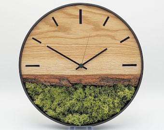 Wanduhr Moos und Eiche im Stahlring, Metall, Holz. Uhr mit Moos Moosbild Moosuhr