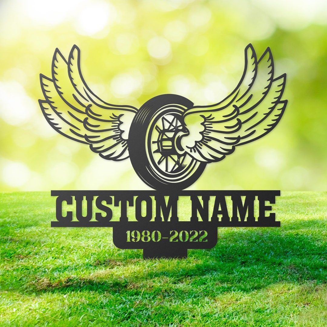 Motorcycle Wheel With Wings Custom Memorial Stake Etsy