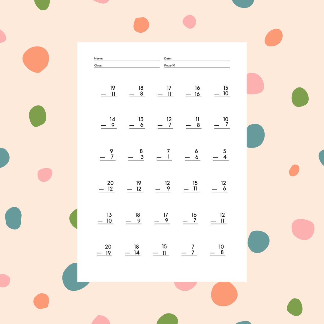 Subtraction Worksheets 10 Printable Worksheets Numbers 1 20 Etsy