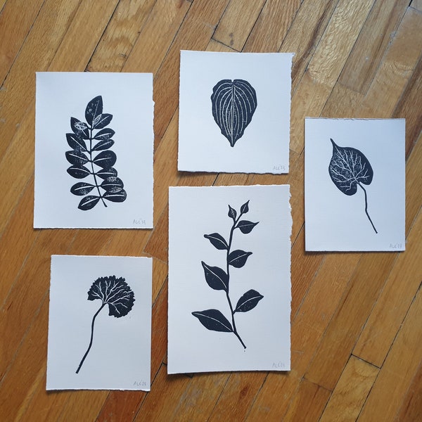 Leaves Lino Print Set / 5 Original Unframed Block Prints