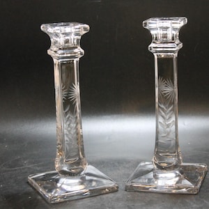 Pair of Etched Floral Clear Glass Candlestick Holders