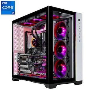 May include: A computer tower with a black frame and a glass side panel, displaying internal components lit by red and purple LEDs. The Intel Core i7 logo is in the top left. The tower has multiple fans and a GeForce graphics card.