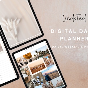Puede incluir: Un planificador diario digital con un tablero de visión que presenta fotos de viajes y el texto "Keep Going". El planificador no está fechado e incluye secciones diarias, semanales y mensuales.