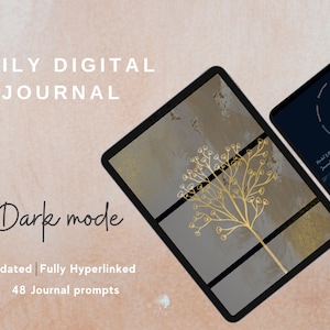 Puede incluir: Dos páginas de diario digital, una con fondo azul oscuro y un diseño de mandala, y la otra con fondo gris y dorado y un diseño de árbol dorado. El texto "Daily Digital Journal" y "Dark Mode" es visible. El texto "Undated | Fully Hyperlinked 48 Journal Prompts" también es visible.