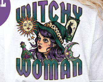 Witchy Woman,  Tarot Card PNG, Witchy Vibes Sublimation Design, Black Cat Celestial Gothic T-Shirt Design png, Digital Download