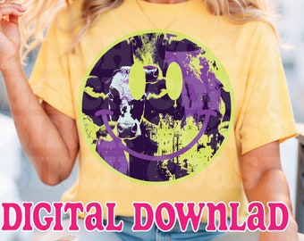 Smiley PNG Kuh Druck Smiley Gesicht png Pop Art Design-Ideen Sublimation Transfers Trendy Sommer png Girly Helle Hemden Retro Glückliches Gesicht